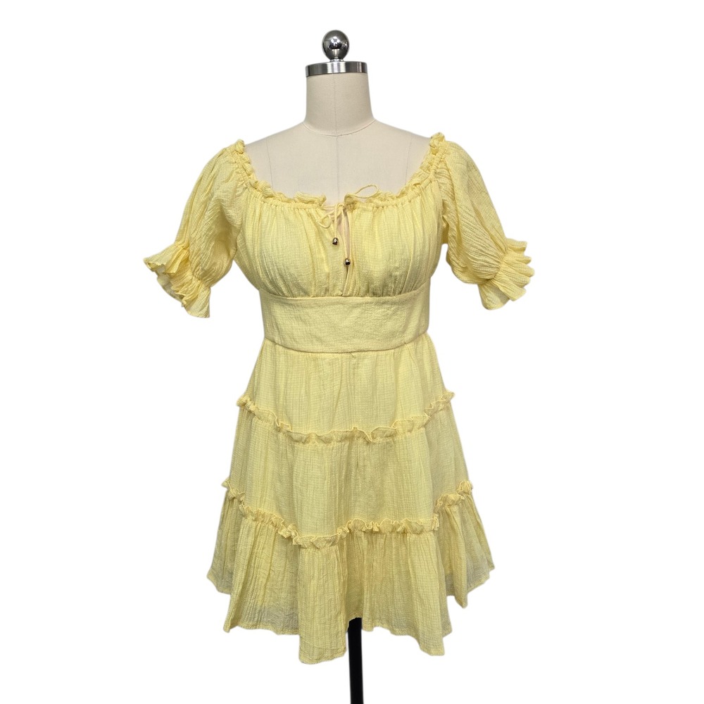 ANGEL BIBA Yellow Ruffle Square Neck‎ Puff Sleeve Tiered Mini Dress Size Medium